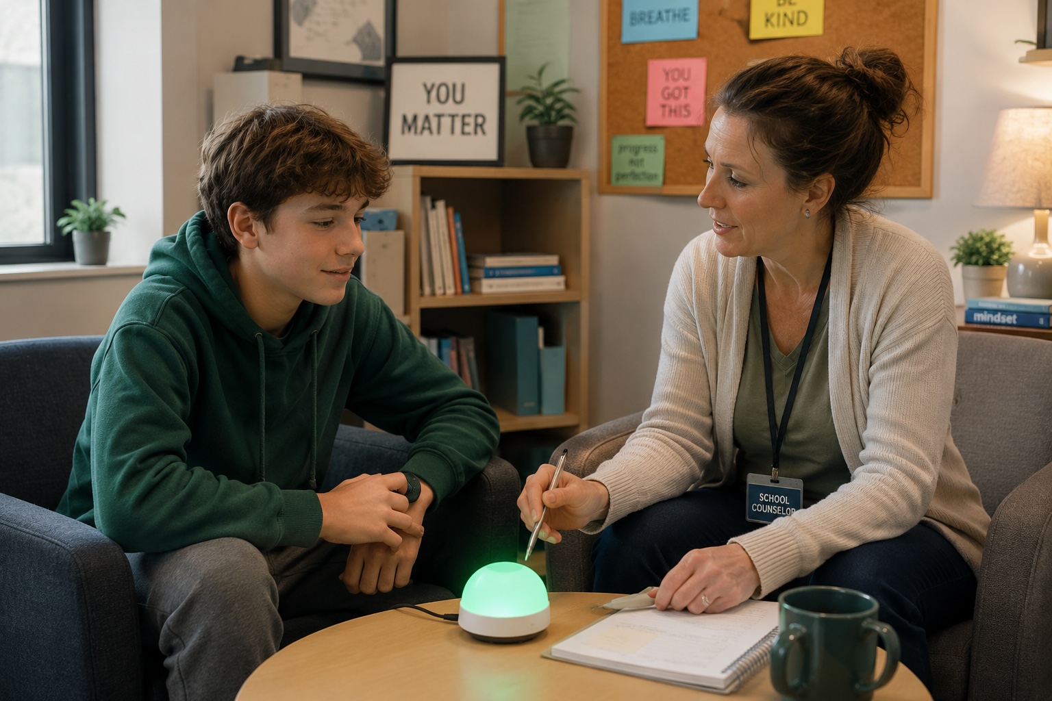 School counselor using the HeartData biofeedback light with a student